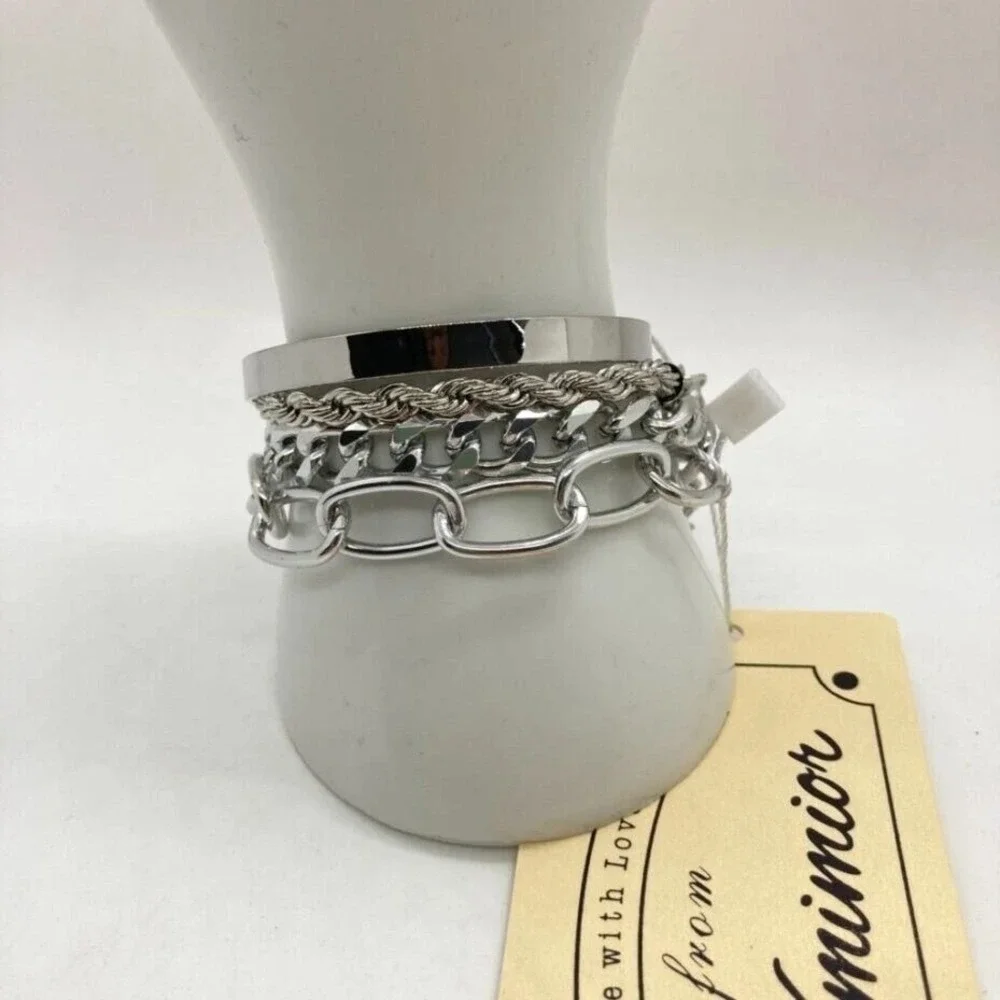 Xmimior Silver Tone Multi-Layer Bracelet Set Fashion Chain‎ & Bangle Cuff NEW